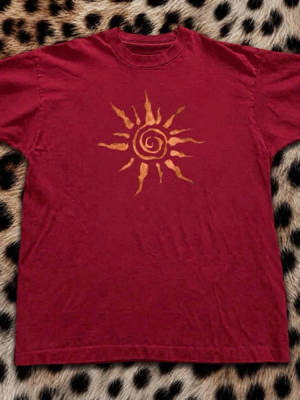 Gildan Deep Red Tee with Gold Sun Graphic